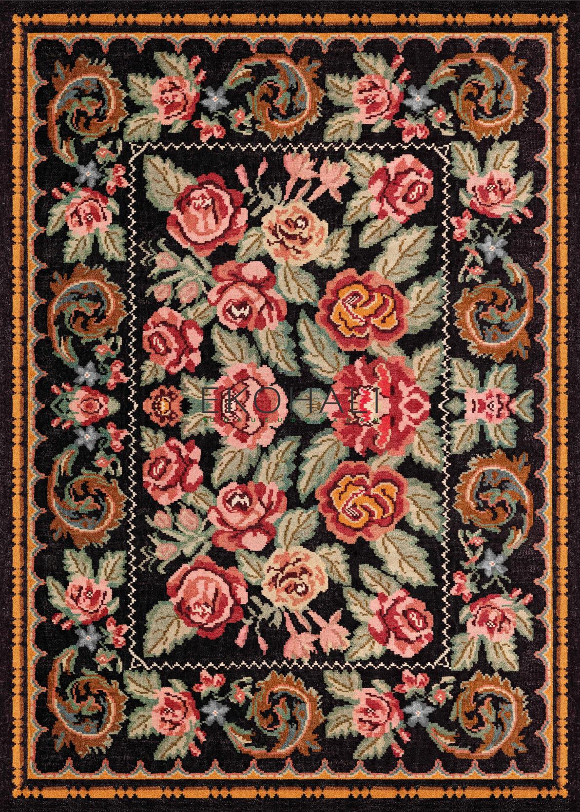 Pimbo Siyah Pembe Çiçekli Klasik Vintage Halı