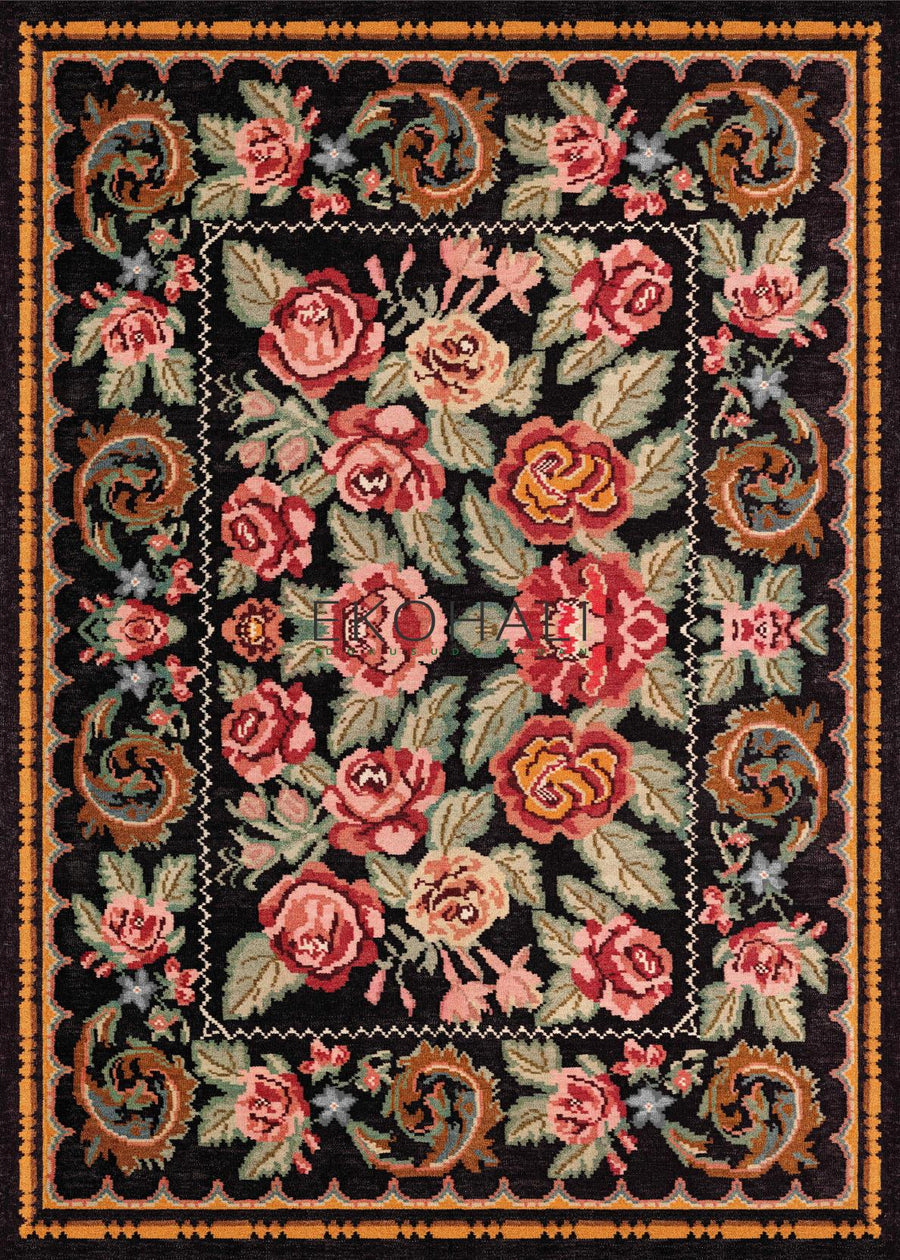 Pimbo Siyah Pembe Çiçekli Klasik Vintage Halı