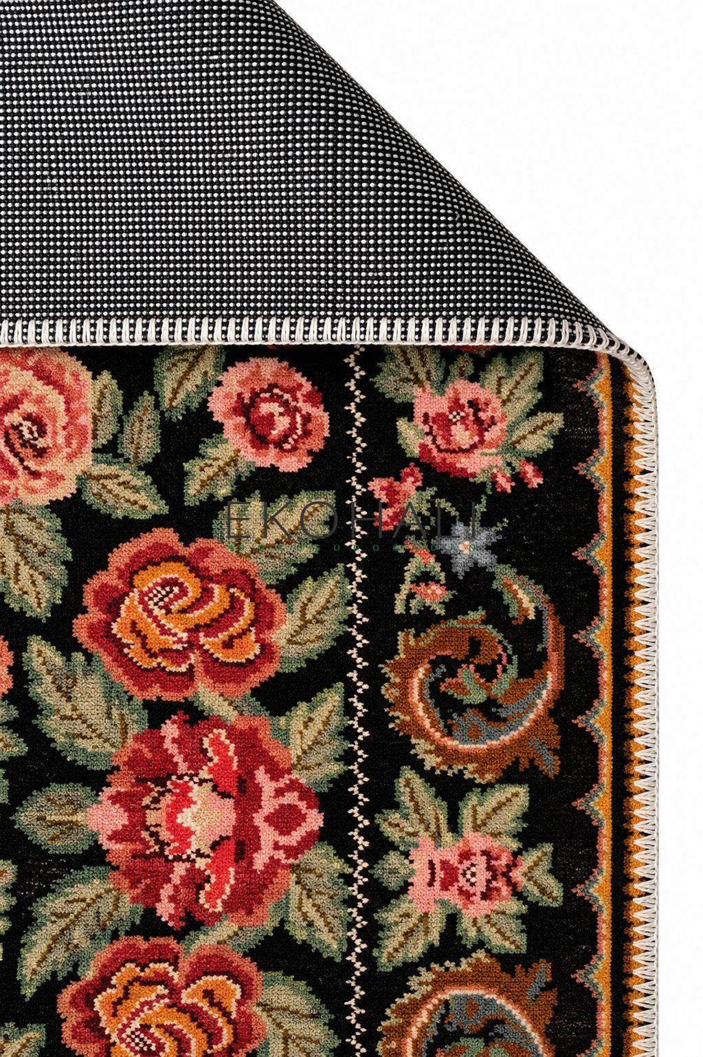 Pimbo Siyah Pembe Çiçekli Klasik Vintage Halı – genel görünüm