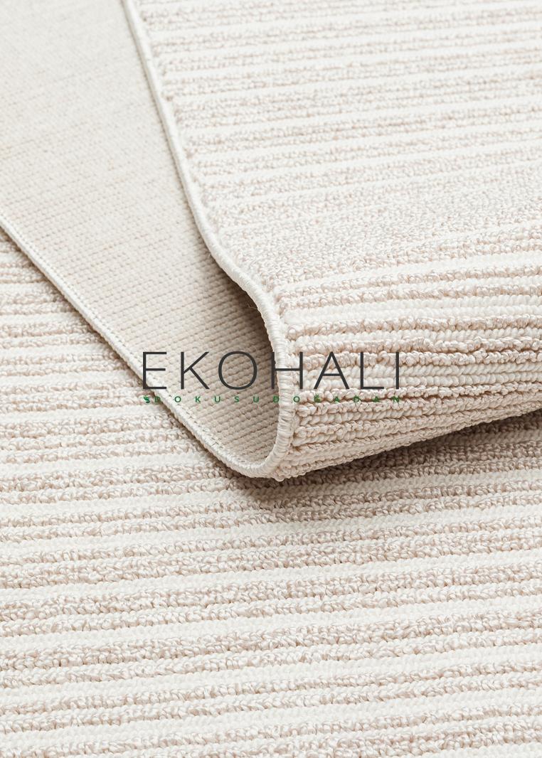 Cizva Ekru Bej Çizgili Modern Polyester Halı – mekânda kullanım