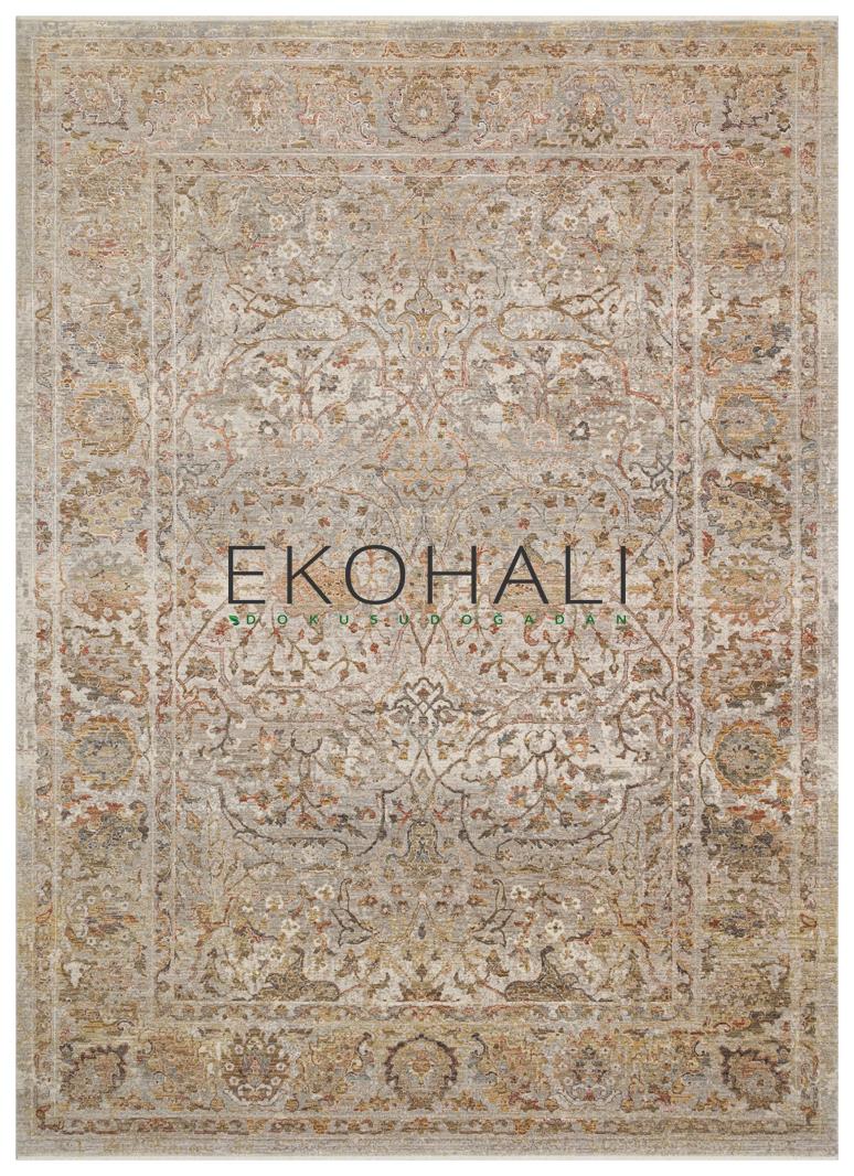 Toris Bej Kahverengi Madalyon Desenli Klasik Polyester Viskon Kilim