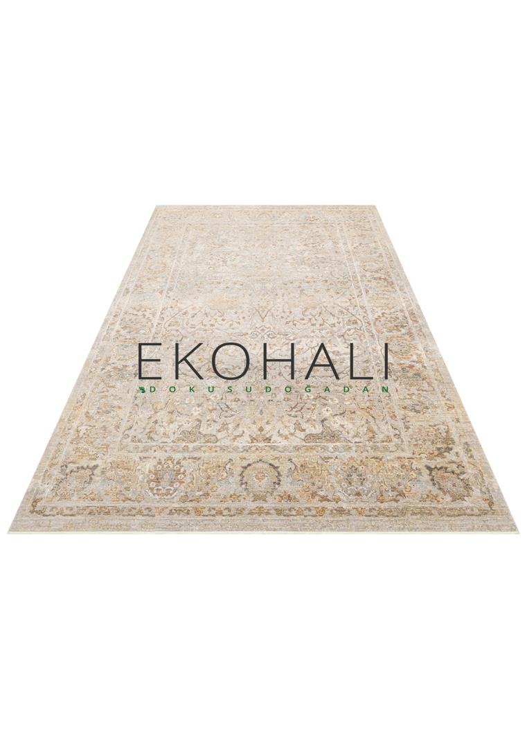 Toris Bej Kahverengi Madalyon Desenli Klasik Polyester Viskon Kilim – mekânda kullanım