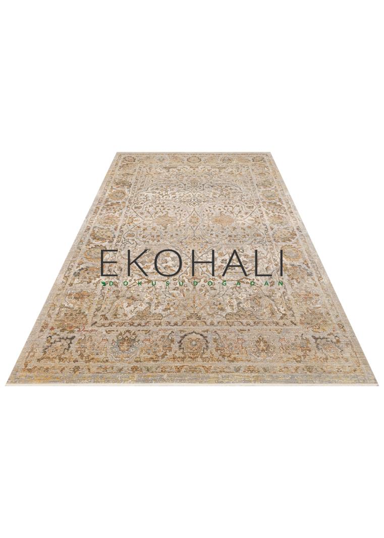 Toris Bej Kahverengi Madalyon Desenli Klasik Polyester Viskon Kilim – kenar detayı