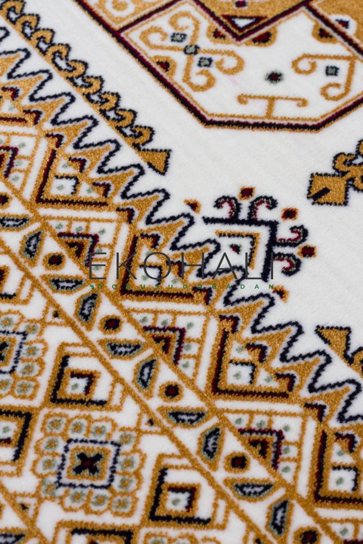 Torka Klasik Geometrik Desenli Beyaz Kahverengi Polyester Halı – doku yakın çekim