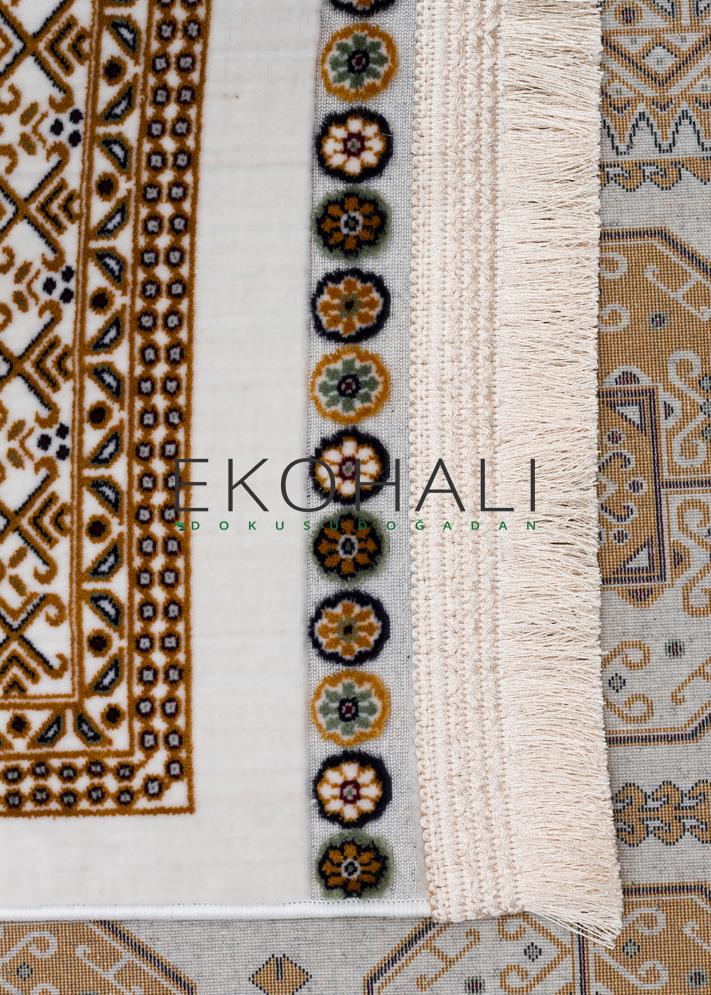 Torka Klasik Geometrik Desenli Beyaz Kahverengi Polyester Halı – detay görünümü