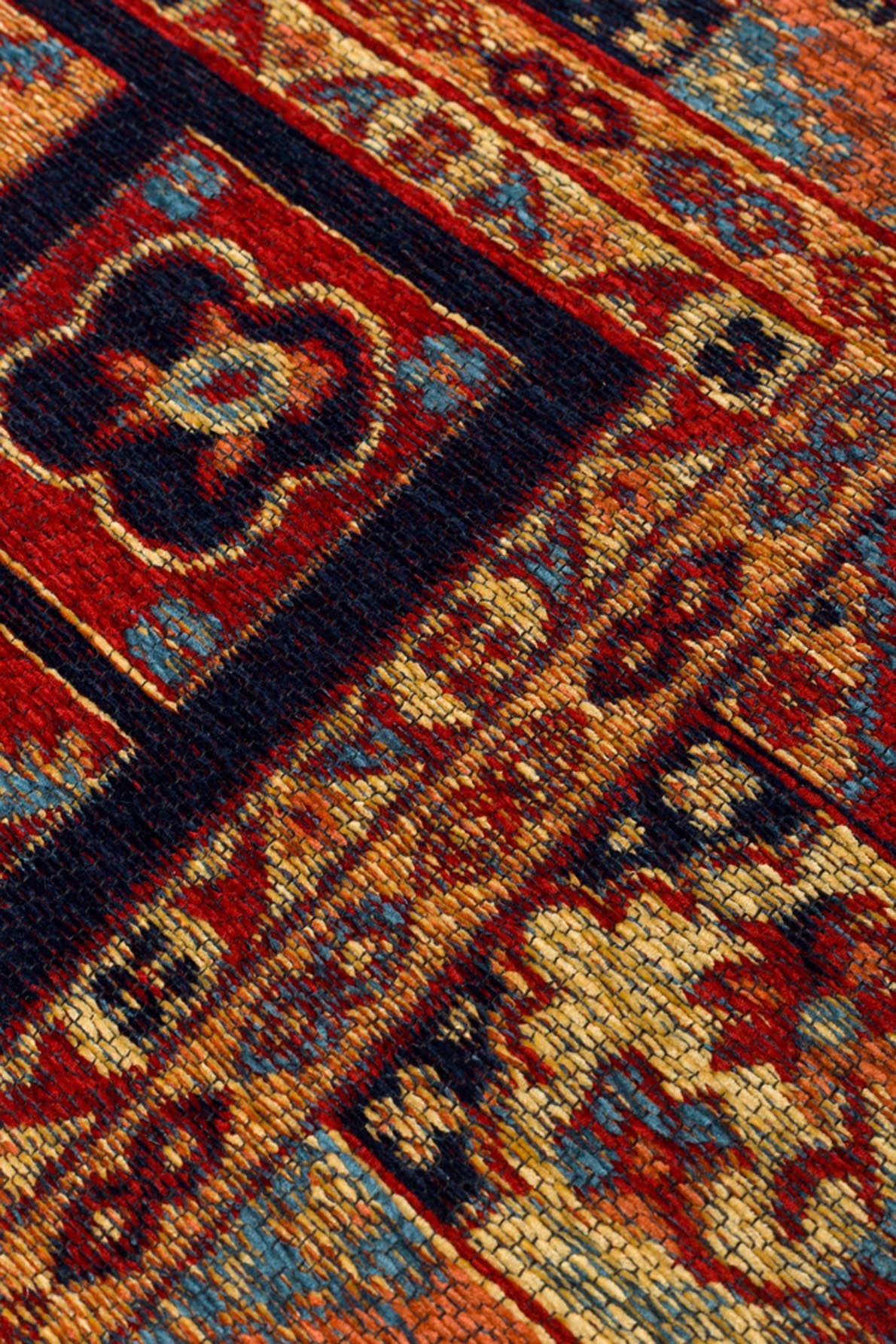 Ludor Klasik Lacivert Kırmızı Geometrik Desenli Kilim – doku yakın çekim