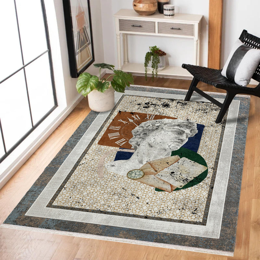 Modern Ekru Taba Soyut Desenli Polyester Salon Halısı