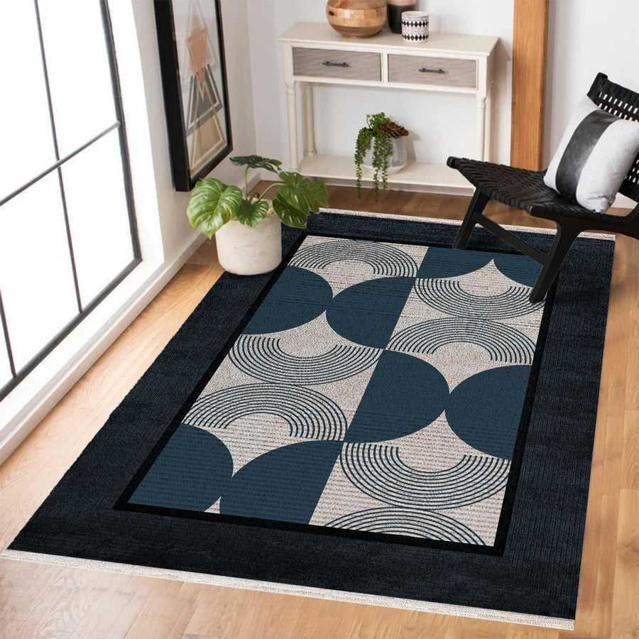 Modern Lacivert Geometrik Desenli Polyester Salon Halısı