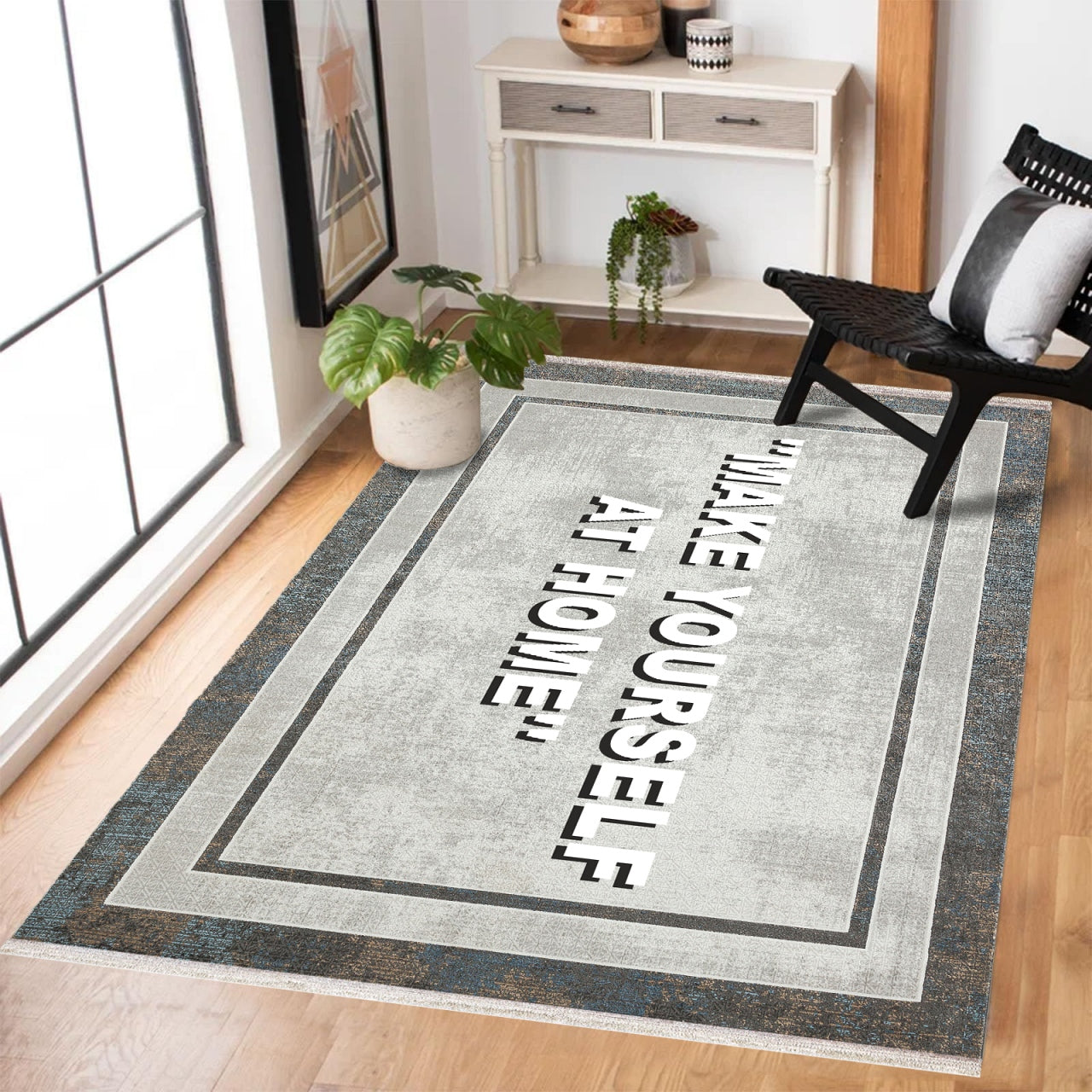 Açık Gri Koyu Gri Eskitme Salon Halısı Geometrik - Polyester