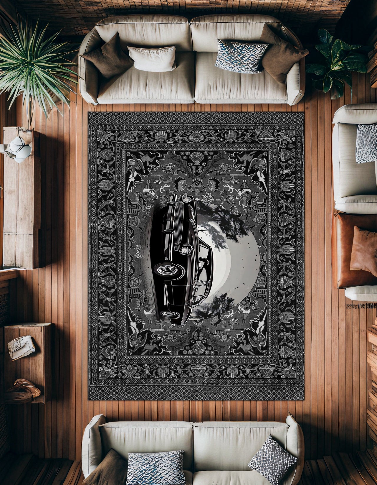 Siyah Retro Klasik Araba Desenli Halı