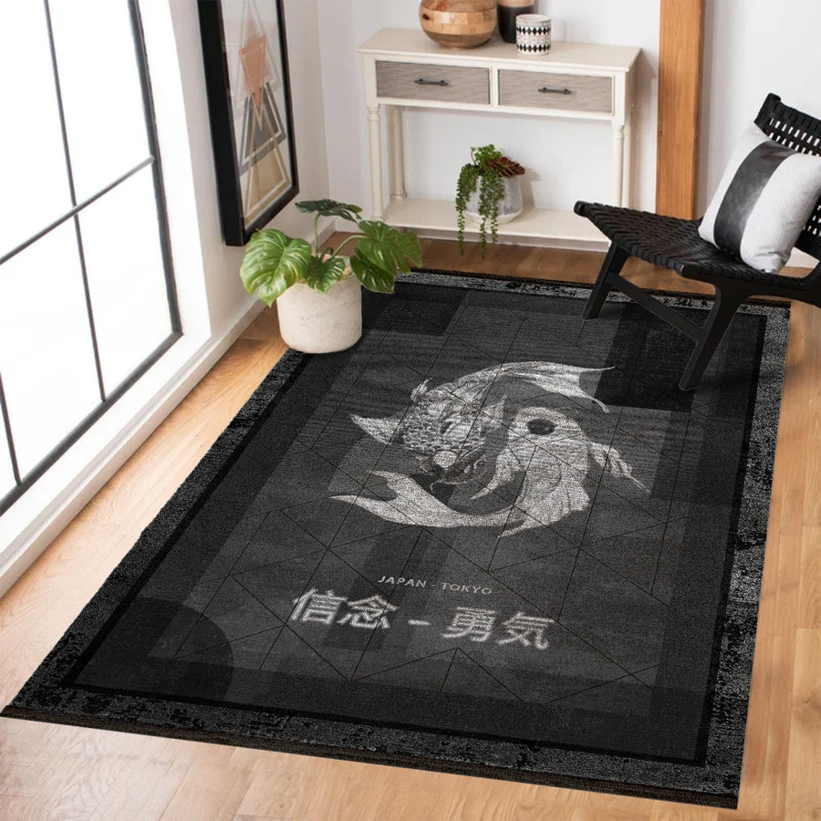 Modern Antrasit Gri Etnik Desenli Polyester Salon Halısı
