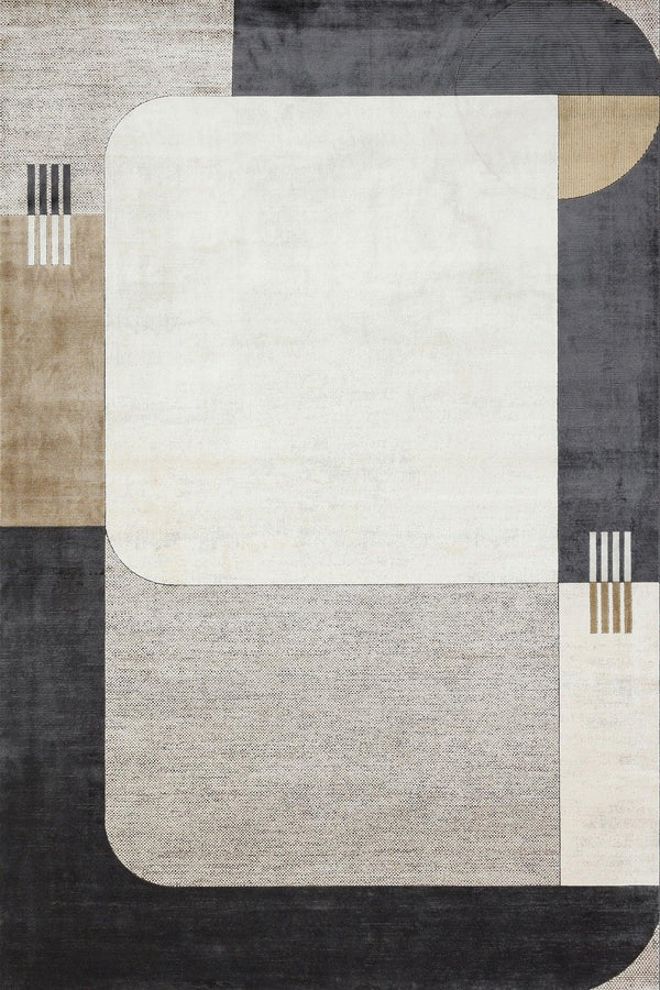 Gri Krem Geometrik Modern Halı - Yıkanabilir - Kaymaz Taban - Pati Dostu