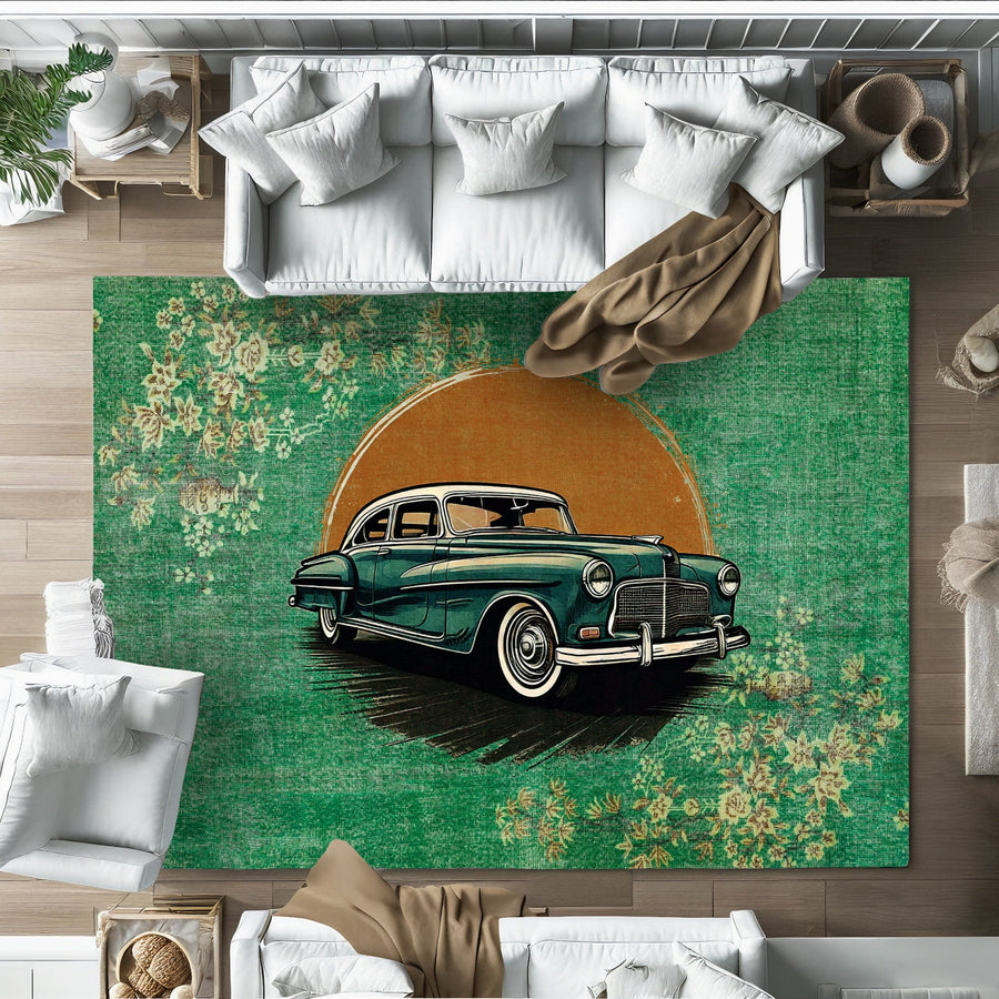 Yeşil Retro Klasik Araba Desenli Halı