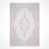 Alfombra de salón clásica gris claro y blanca con diseño de medallones