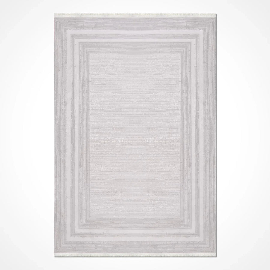Beyaz Gri Bordürlü Minimalist Triko Halı - Pati Dostu - Toz Vermez