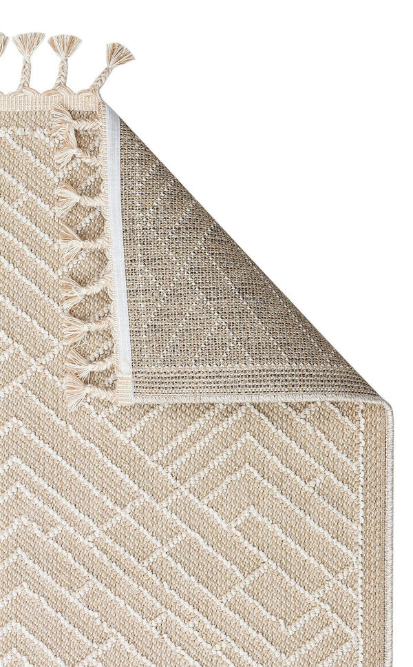 Bej Krem Düz Hasır Görünümlü Triko Halı - Pati Dostu - Toz Vermez