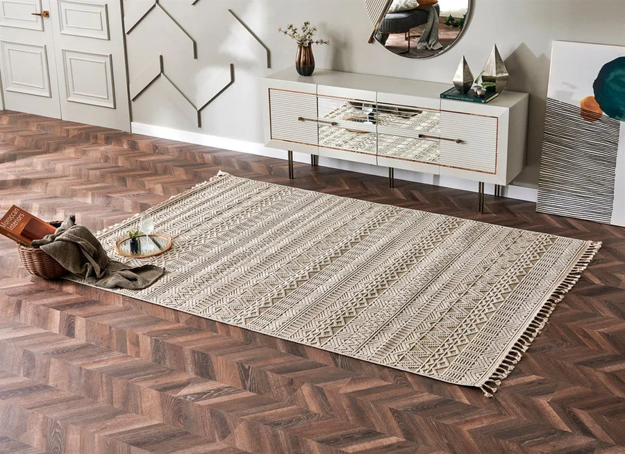 Bej Vizon Geometrik Hasır Görünümlü Triko Halı - Pati Dostu - Toz Vermez