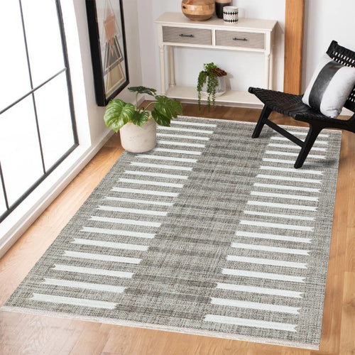 Kahve Çizgili Modern Etnik Desenli Halı  | Makinada Yıkanabilir | Hav Toz Vermez | Leke Tutmayan | Kaymaz Taban | Dijital Makine Baskı | Salon Yolluk Mutfak Halısı