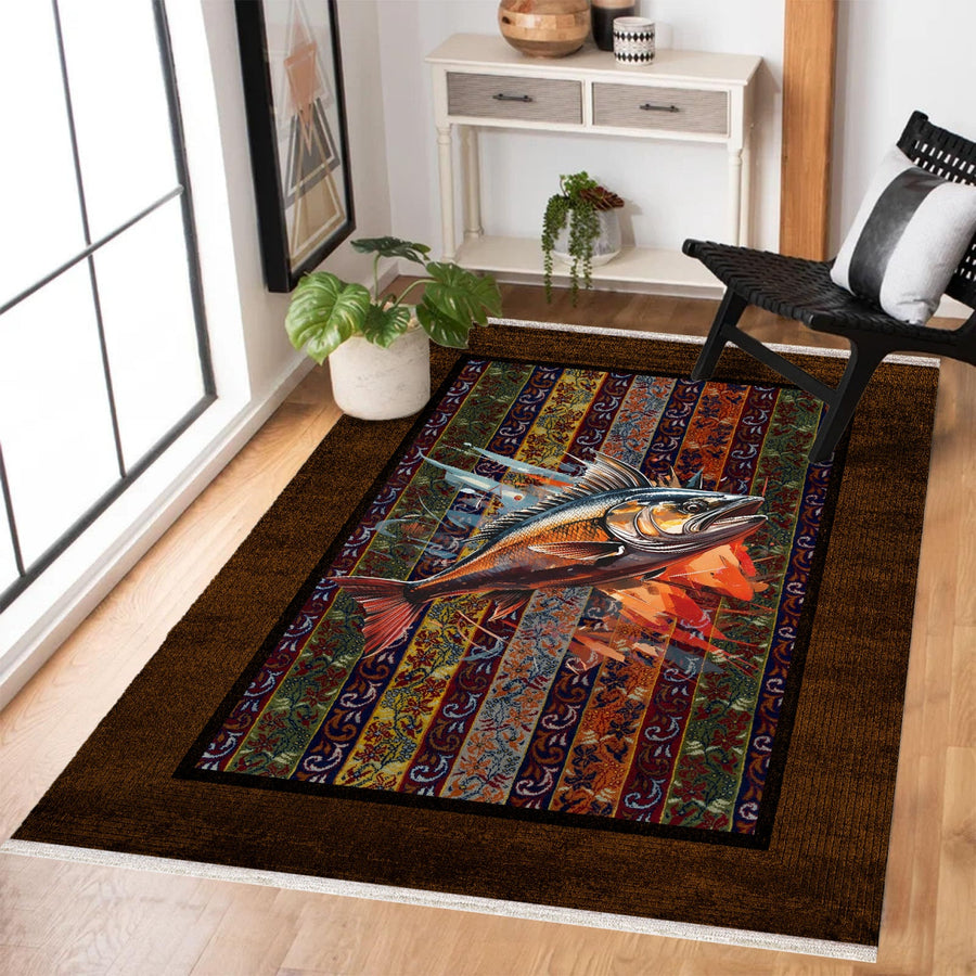 Etnik Desenli Balık Figürlü Kaymaz Tabanlı Yıkanabilir Halı