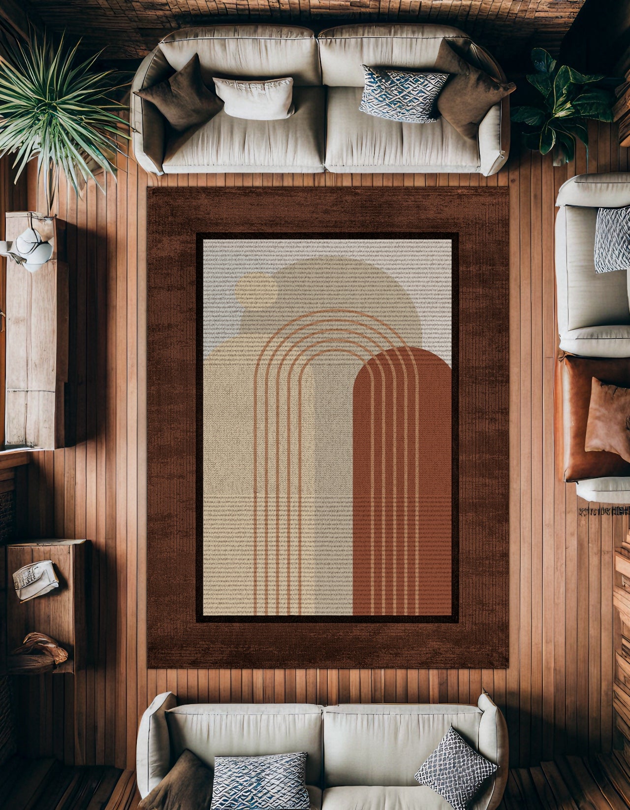 Kahverengi Bej Modern Salon Halısı Geometrik Kemerler - Polyester