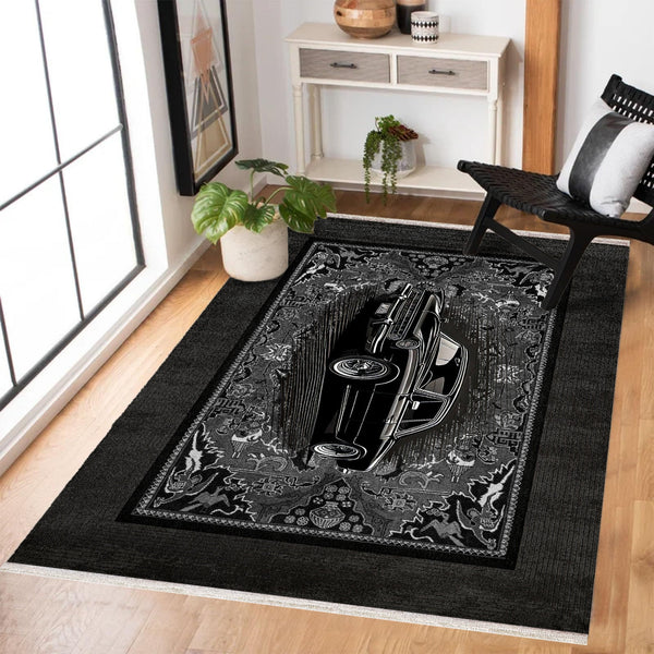 Siyah Retro Klasik Araba Desenli Halı