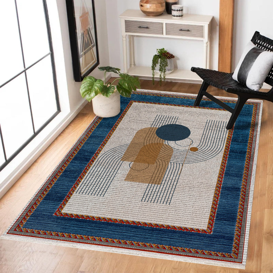 Modern Mavi Çerçeveli Desenli Polyester Salon Halısı