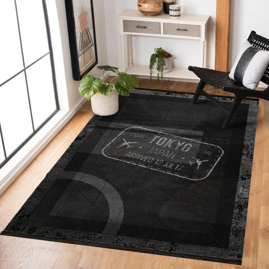 Modern Siyah Geometrik Desenli Polyester Salon Halısı