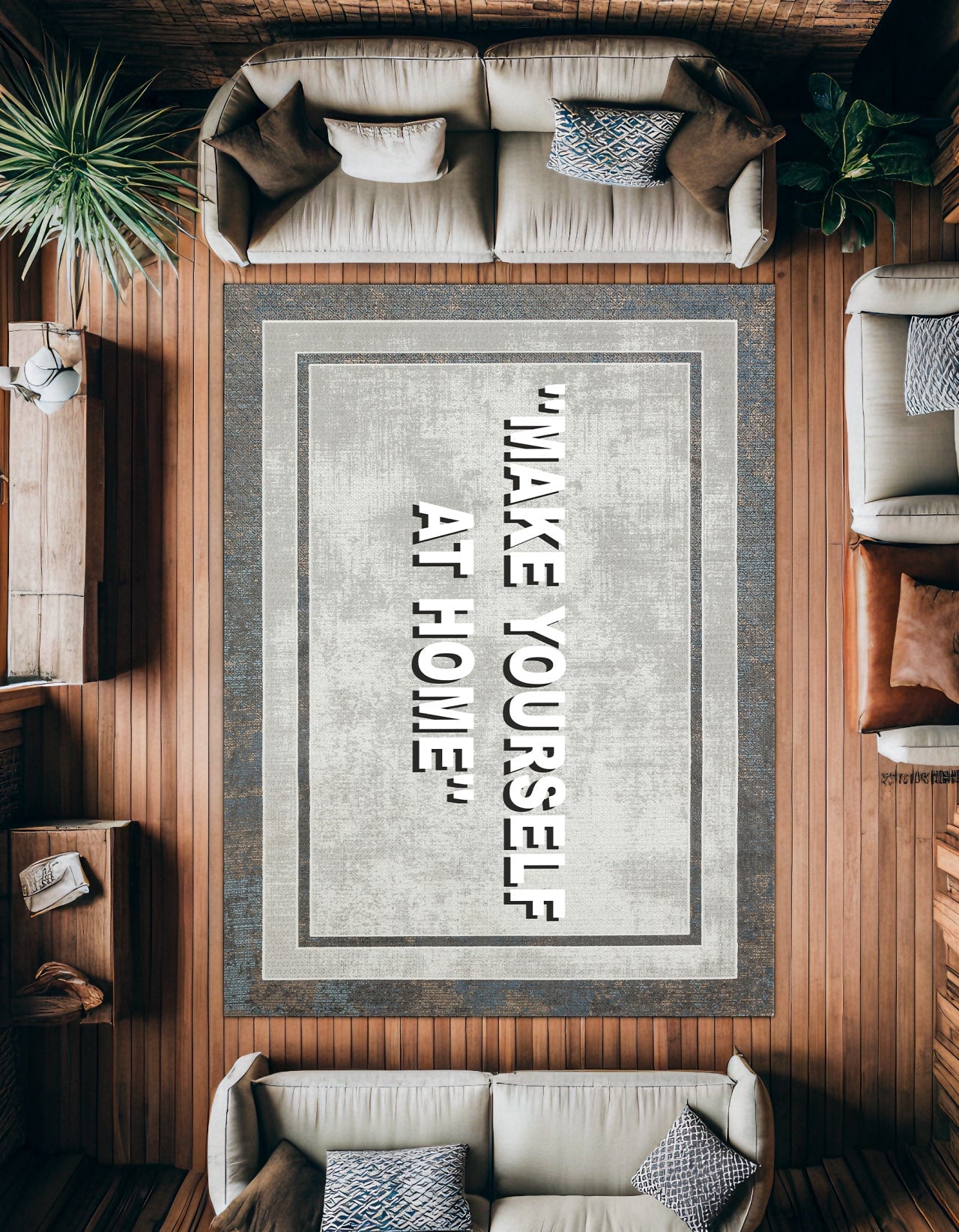 Açık Gri Koyu Gri Eskitme Salon Halısı Geometrik - Polyester