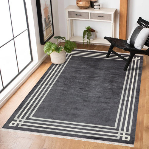 Antrasit Çerçeveli Modern Etnik Desenli Halı  | Makinada Yıkanabilir | Hav Toz Vermez | Leke Tutmayan | Kaymaz Taban | Dijital Makine Baskı | Salon Yolluk Mutfak Halısı