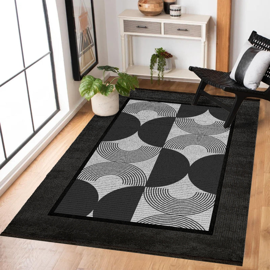 Modern Siyah Antrasit Gri Geometrik Desenli Polyester Salon Halısı