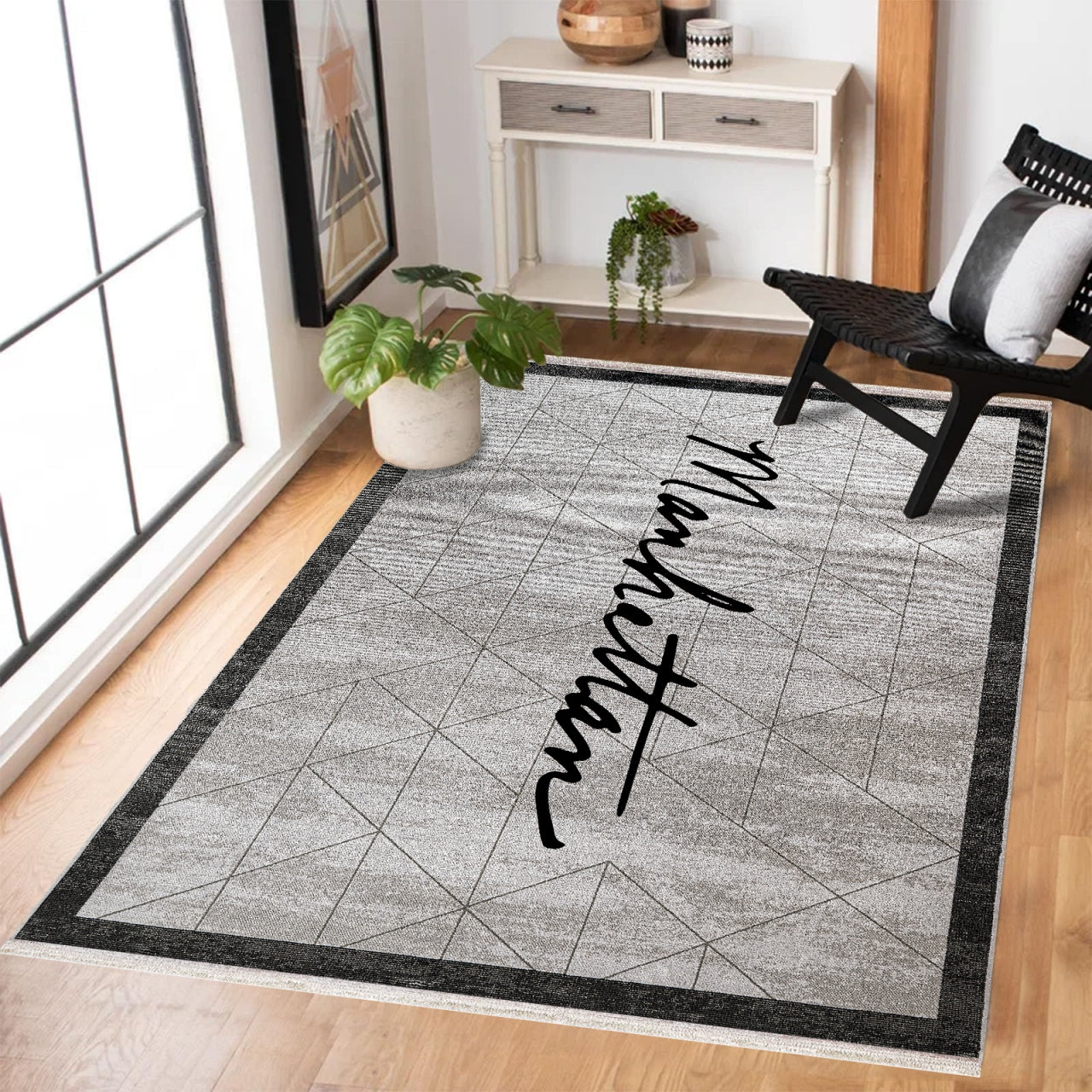 Açık Gri Koyu Gri Minimalist Geometrik Salon Halısı - Polyester