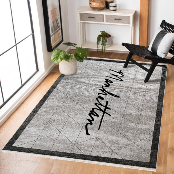 Modern Krem Antrasit Gri Geometrik Desenli Polyester Salon Halısı