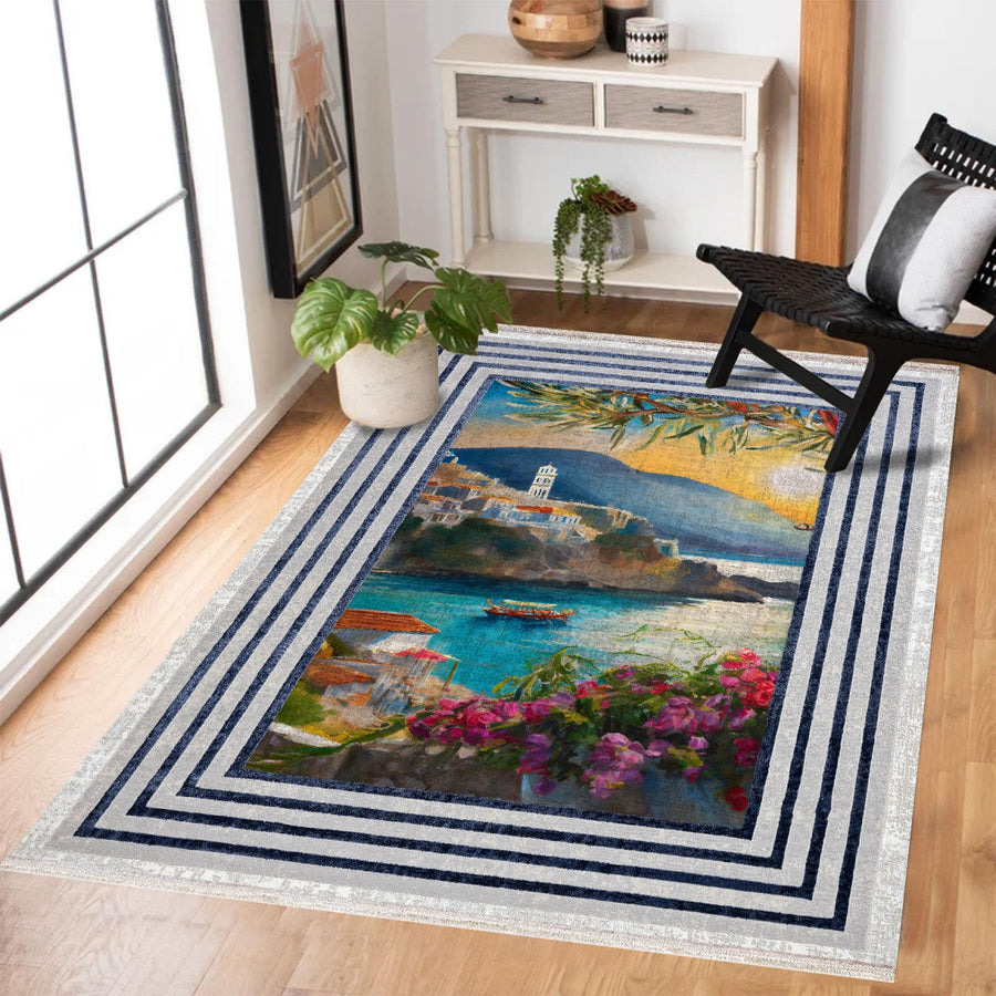 Akdeniz Kobalt Mavi Çizgili Desenli Polyester Salon Halısı