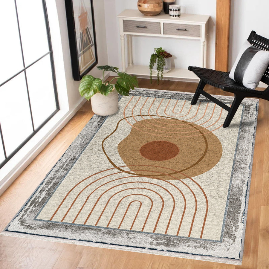 Vintage Krem Geometrik Desenli Polyester Salon Halısı