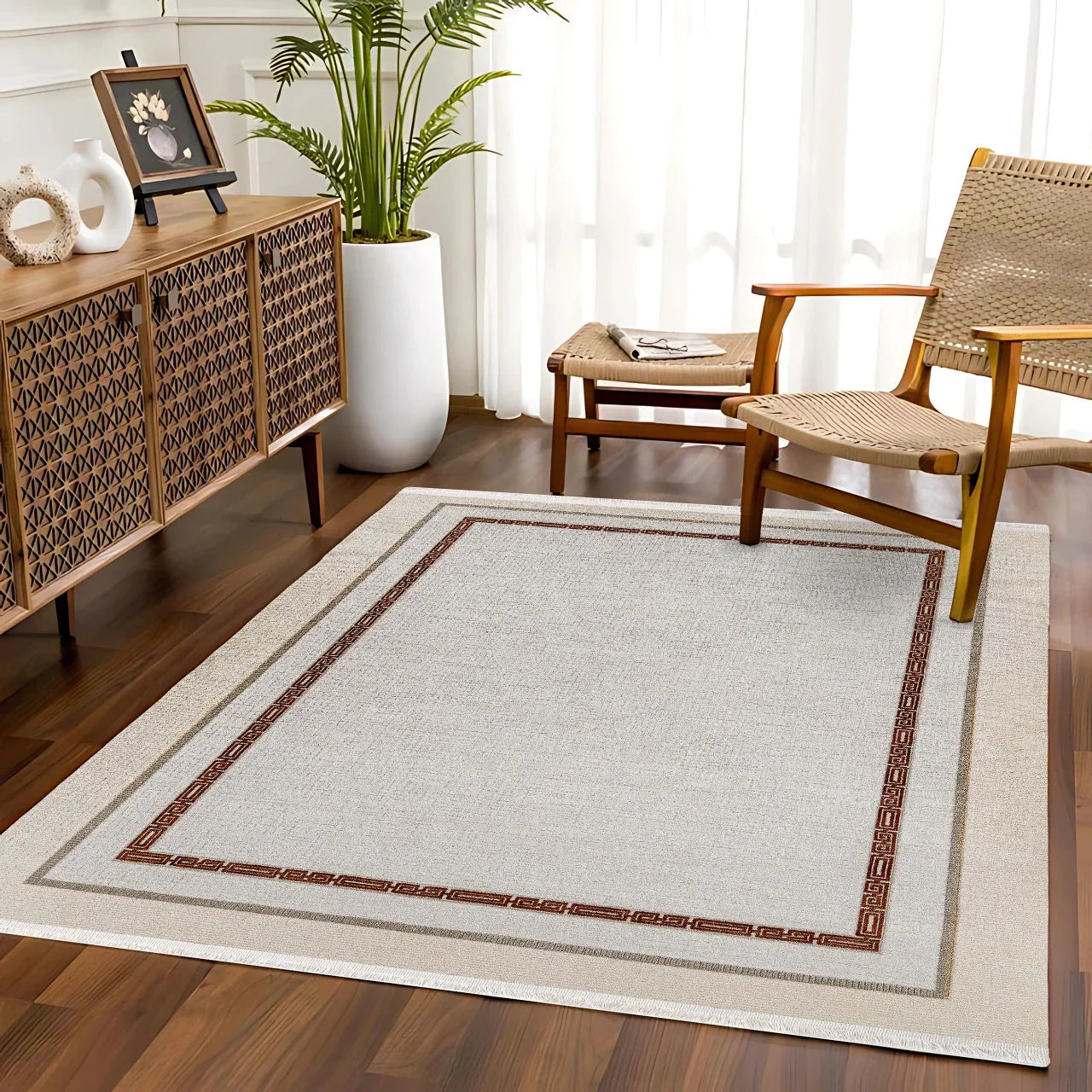 Bej Krem Minimalist Modern Halı - Yıkanabilir - Kaymaz Taban - Pati Dostu
