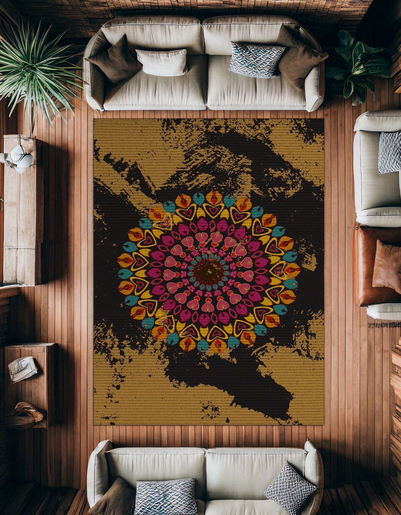Etnik Vizon Kahve Siyah Desenli Polyester Salon Halısı