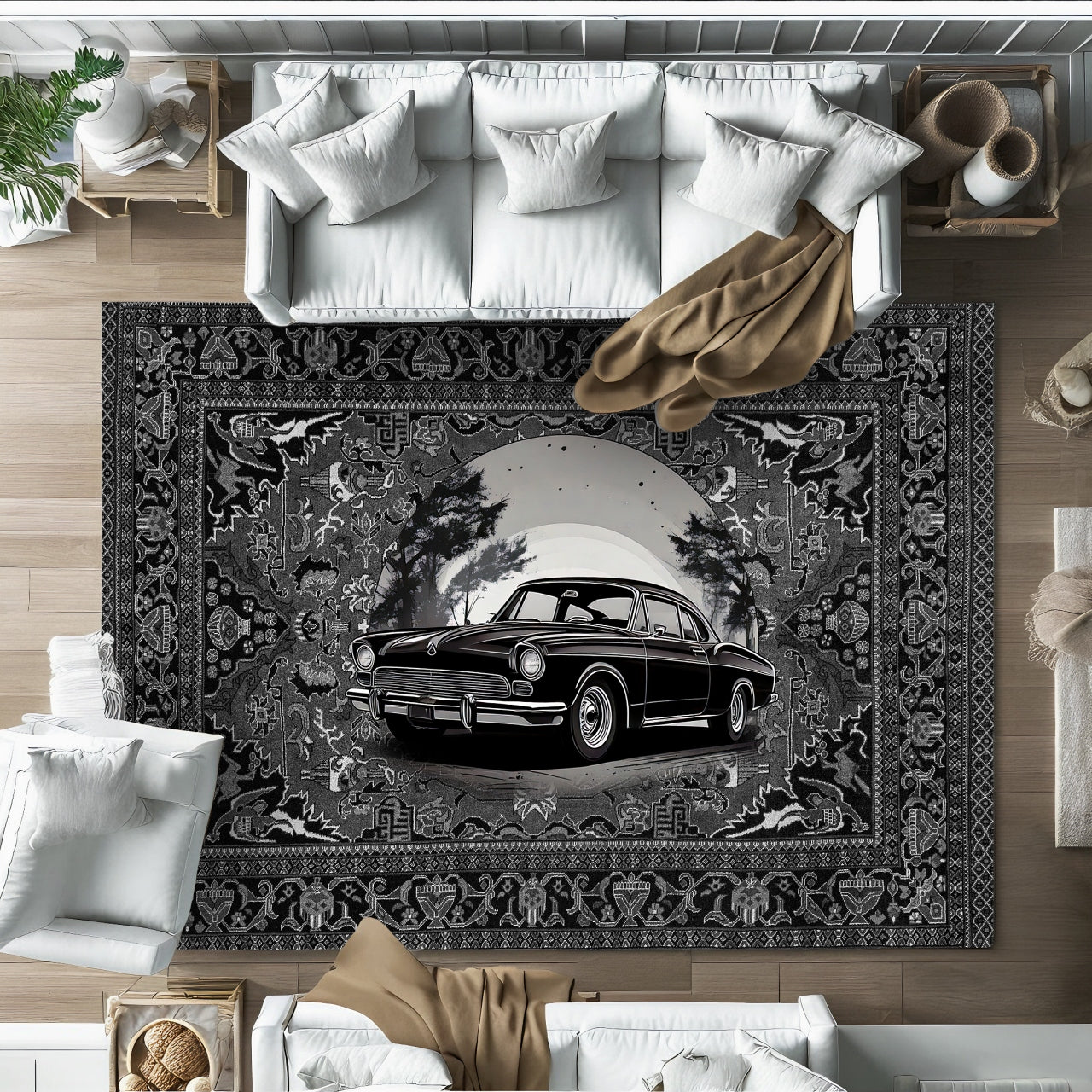 Siyah Retro Klasik Araba Desenli Halı