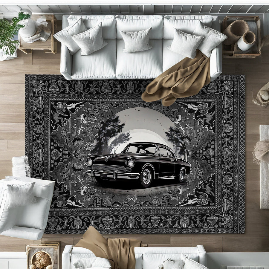 Siyah Retro Klasik Araba Desenli Halı