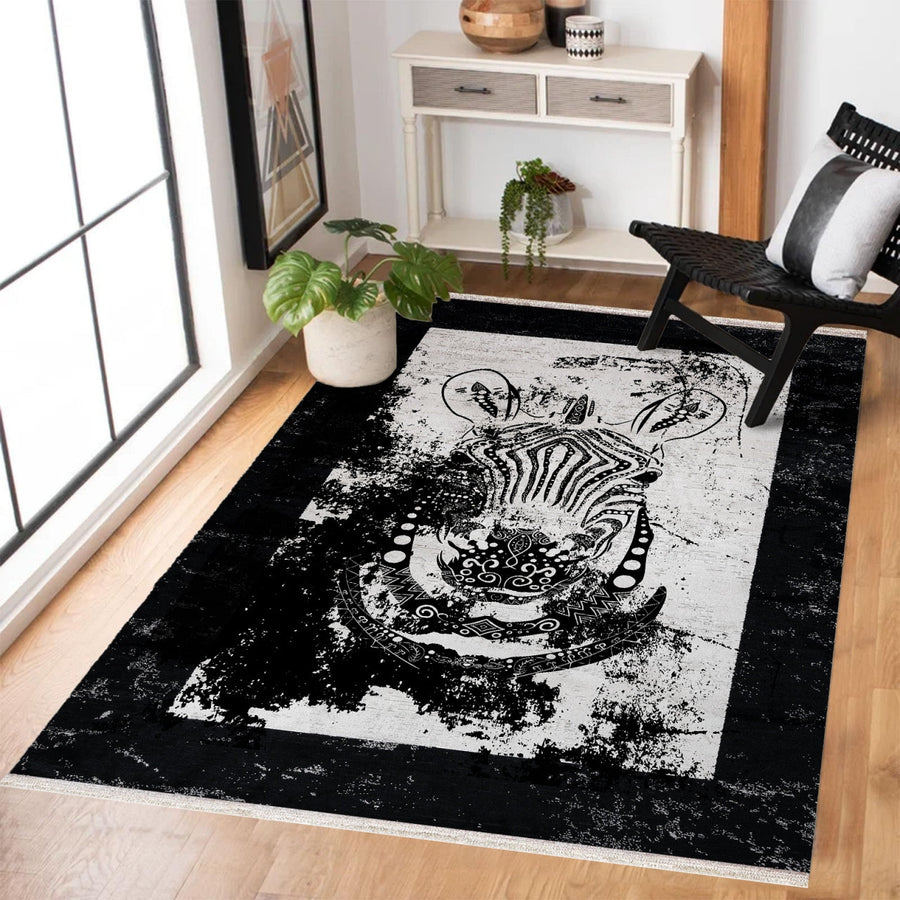 Modern Siyah Beyaz Soyut Desenli Polyester Salon Halısı