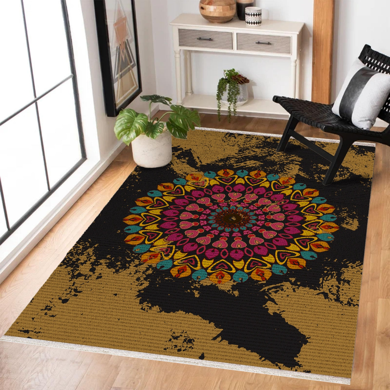 Etnik Vizon Kahve Siyah Desenli Polyester Salon Halısı