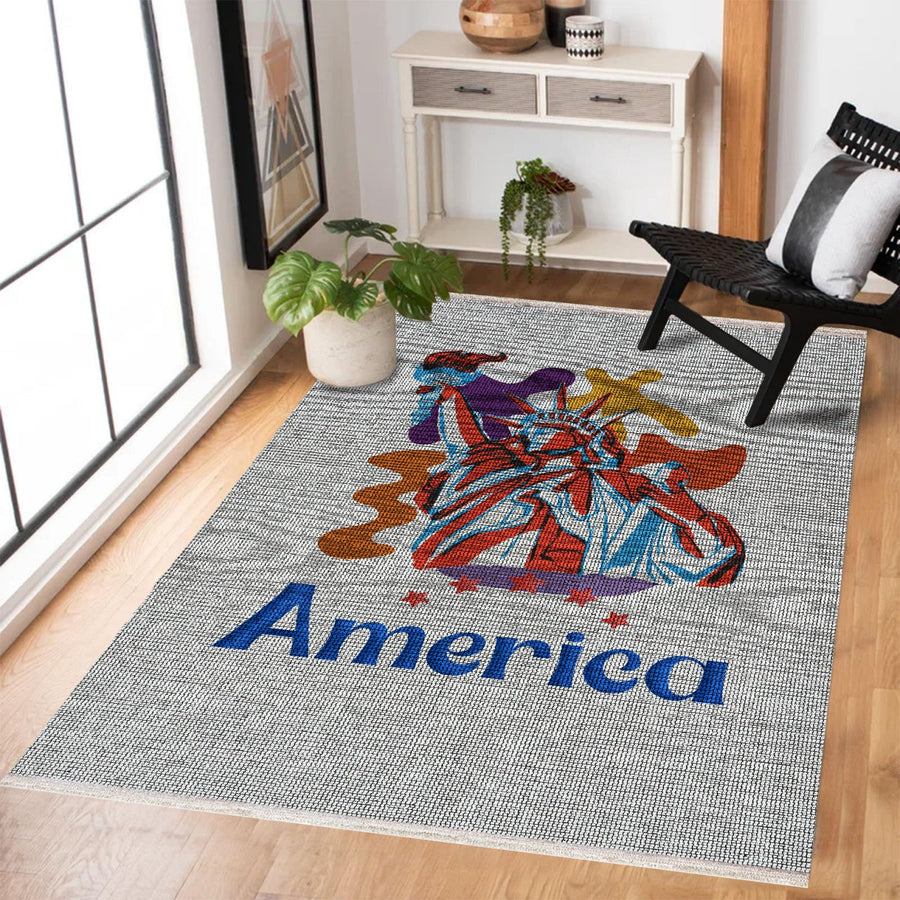 Modern Ekru Kobalt Mavi Geometrik Desenli Polyester Salon Halısı