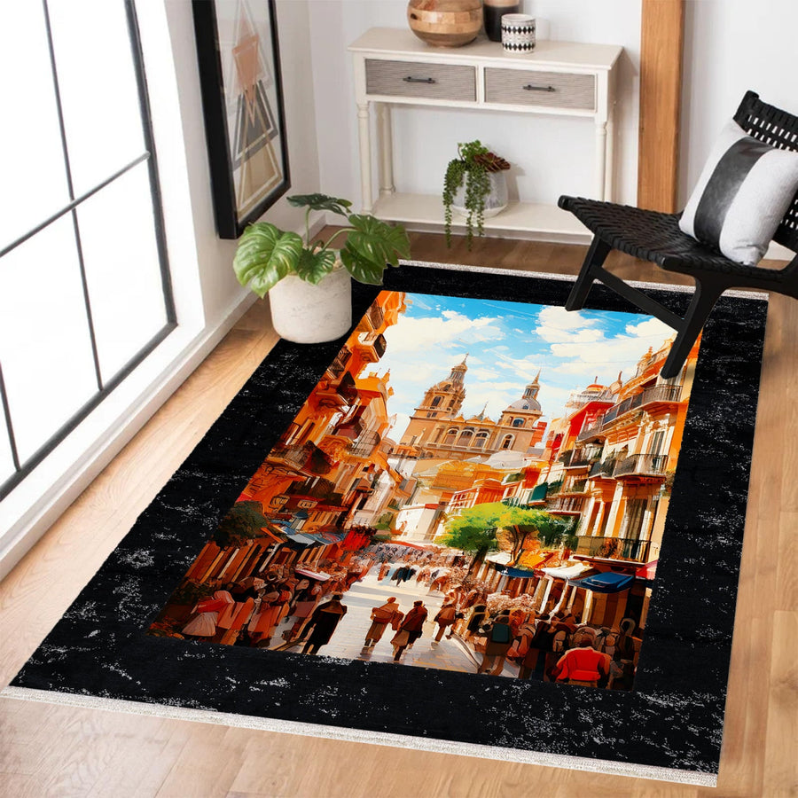 Modern Siyah Turuncu Soyut Desenli Polyester Salon Halısı