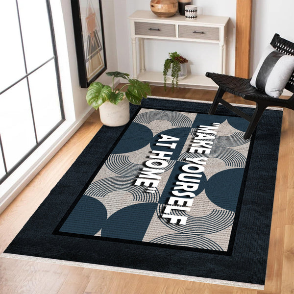 Modern Petrol Mavisi Geometrik Desenli Polyester Salon Halısı