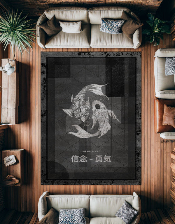 Modern Antrasit Gri Etnik Desenli Polyester Salon Halısı