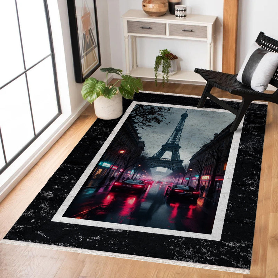 Modern Siyah Koyu Gri Soyut Desenli Polyester Salon Halısı
