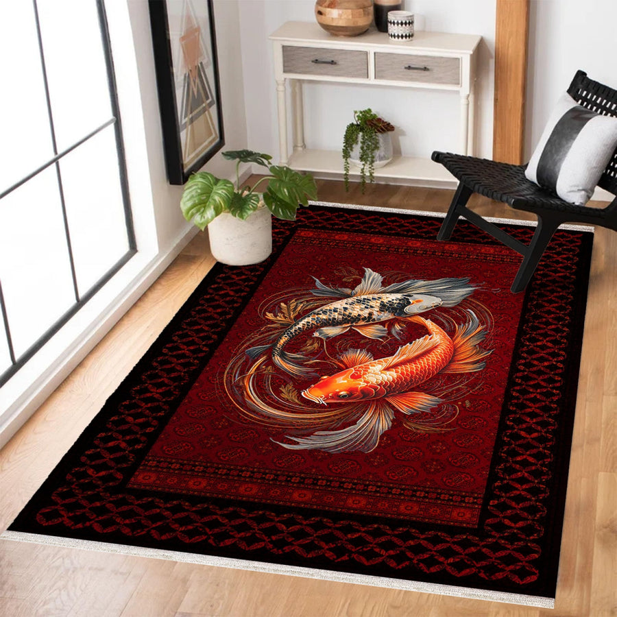 Koi Balığı Desenli Kaymaz Tabanlı Yıkanabilir Halı