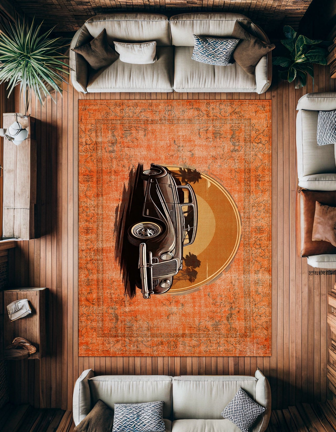 Turuncu Vintage Klasik Araba Desenli Halı