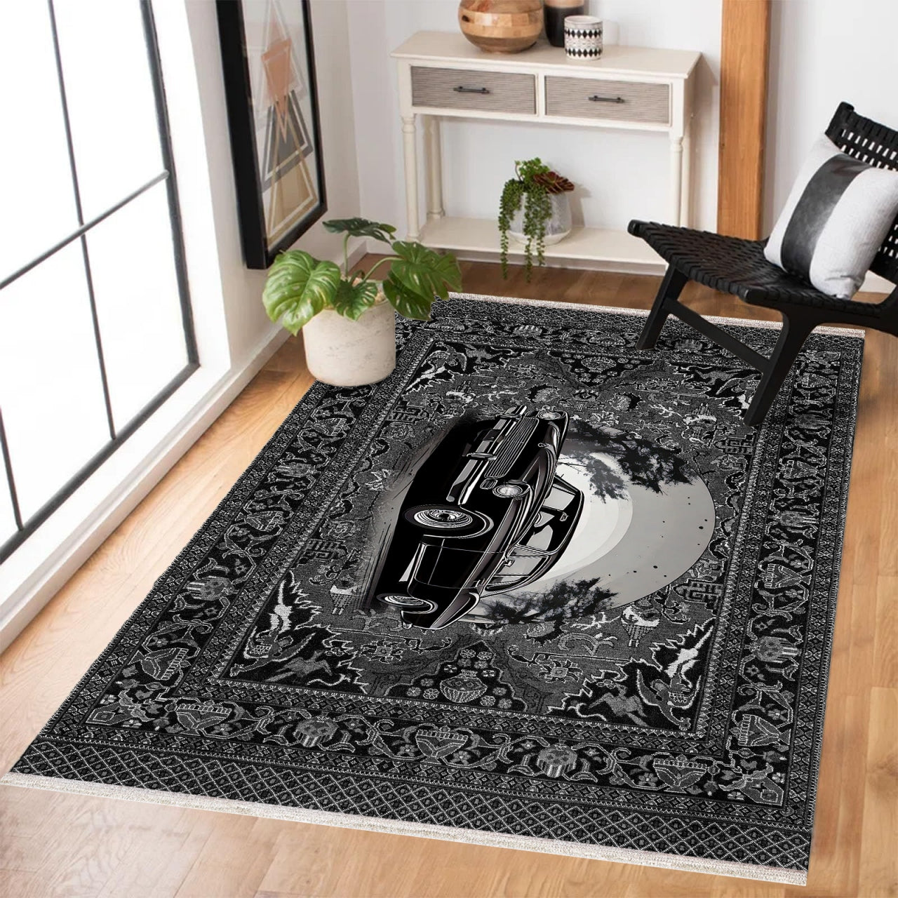 Siyah Retro Klasik Araba Desenli Halı