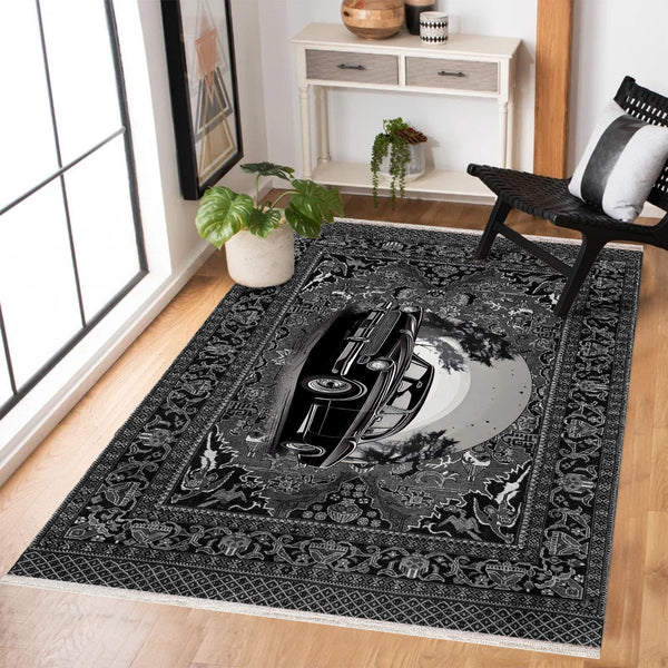 Siyah Retro Klasik Araba Desenli Halı