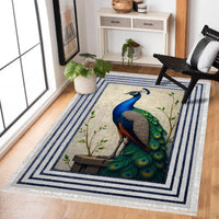 Tappeto a stampa digitale bianco e blu navy con figure di animali